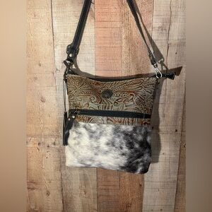 BRAND NEW with tag Genuine Leather & Natural Cowhide On Shoulder/ Cross Body bag